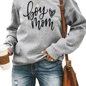 Boy Mom Sweatshirt Women Lightweight Fall Long Sleeve Pullover Sweatshirts Cute Heart Graphic Crewneck Tops T-Shirt (Grey, M)