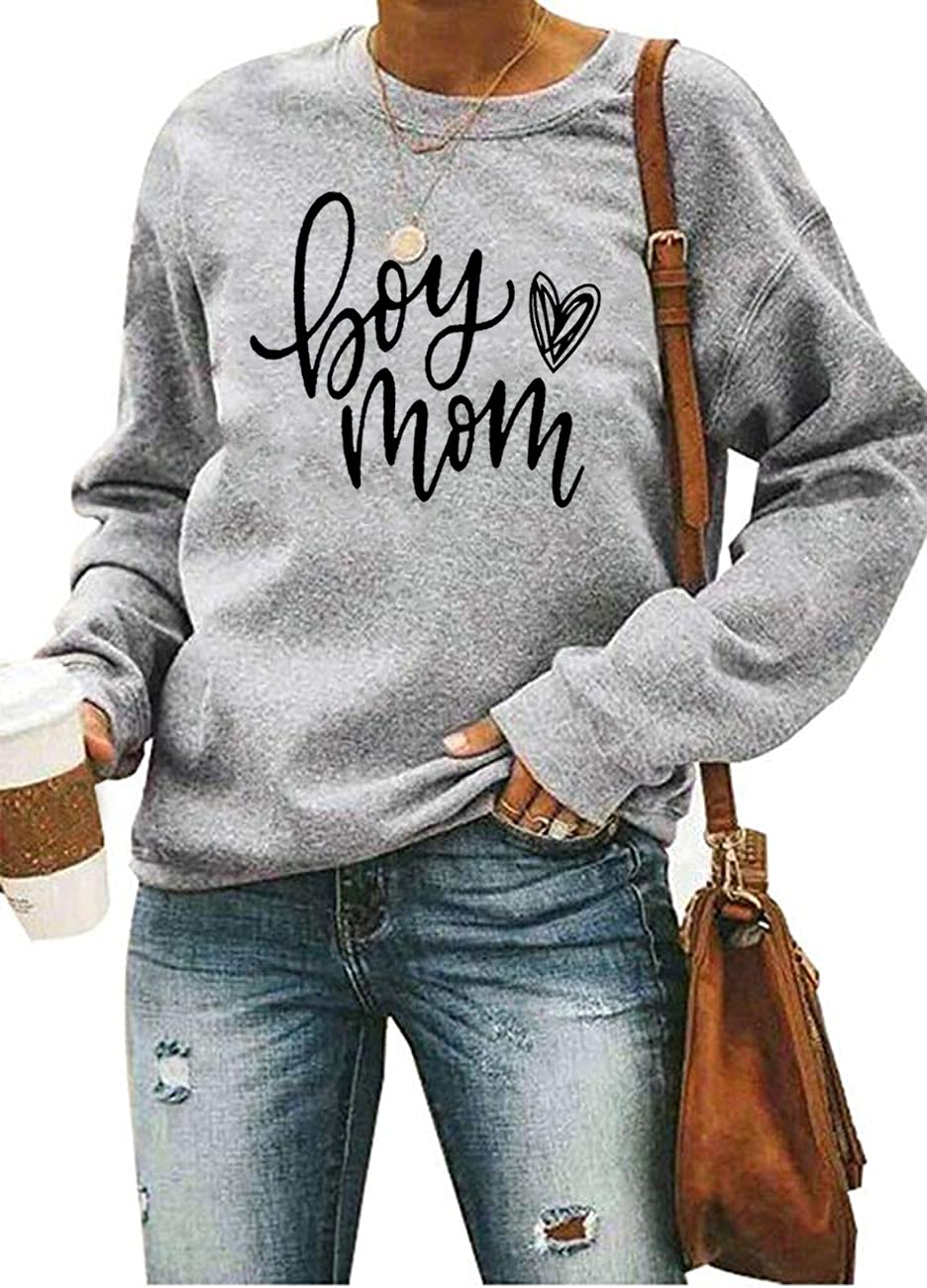 Boy Mom Sweatshirt Women Lightweight Fall Long Sleeve Pullover Sweatshirts Cute Heart Graphic Crewneck Tops T-Shirt (Grey, M)