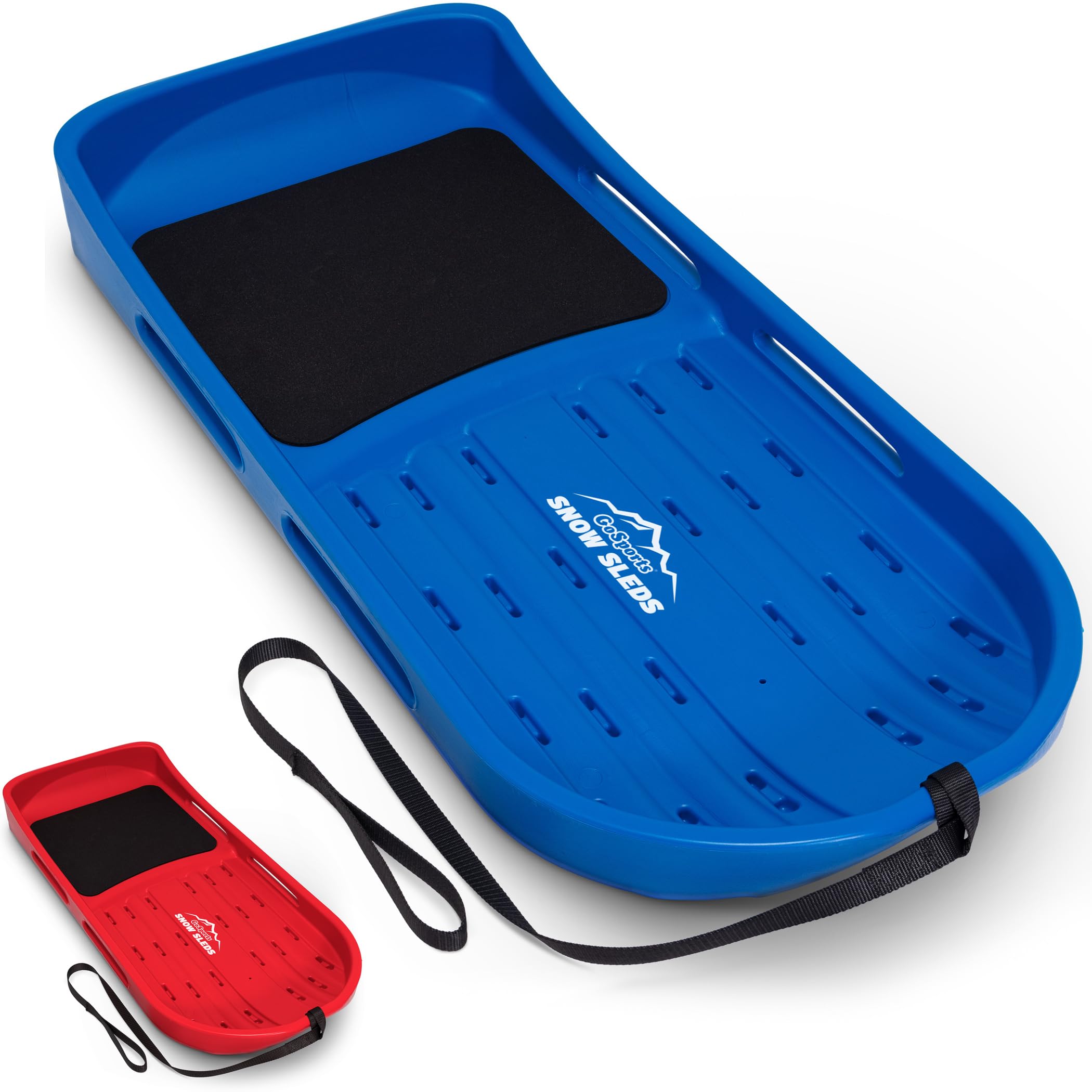 GoSports 2 Person Premium Snow Sled with Double Walled Construction, Pull Strap and Padded Seat - Choose Between Red and Blue