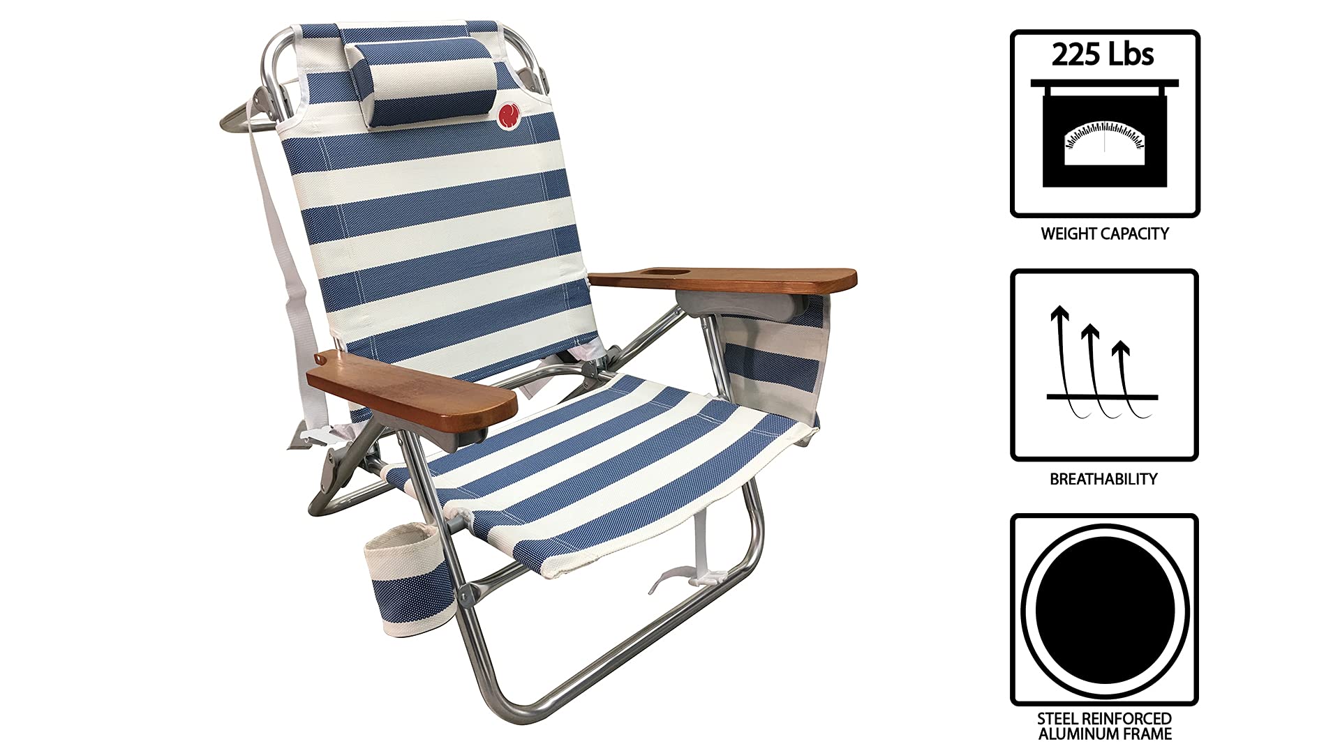 OmniCore Designs Multi-Position Wood Arm Beach Chair (2-pk) | Headrest, Media Organizer Pocket, Cup Holder, textilene Fabric, Dual Backpack Carry Straps | Outdoor Patio and Camping Chair