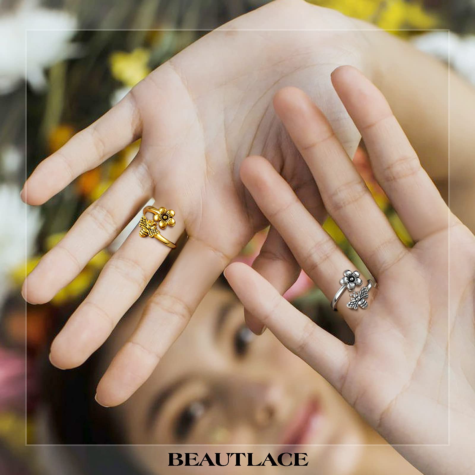 beautlace Honey Bee and Flower Adjustable Ring 18K Gold Plated Daisy Flower Bee Open Ring Jewelry Gift for Women Wife Daughter Mom KR0030Y