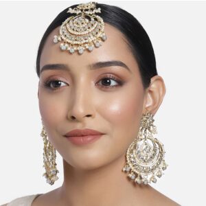 Aheli Bollywood Ethnic Chandbali Style Big Earrings Maang Tikka Set Indian Traditional Bollywood Fashion Jewelry for Women (Grey)