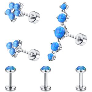 MILACOLATO 6 Pcs 16G Opal Cartilage Earrings for Women 316L Surgical Steel Daith Conch Medusa Cartilage Piercing Jewelry Helix Tragus Stud Earrings Forward Helix Piercing Jewelry, Blue Opal