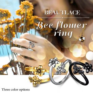 beautlace Honey Bee and Flower Adjustable Ring 18K Gold Plated Daisy Flower Bee Open Ring Jewelry Gift for Women Wife Daughter Mom KR0030Y