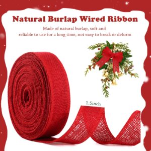 Waydress Natural Burlap Ribbon Burlap Edge Ribbon Fabric Craft Ribbon for Bow Wreath Tree DIY Decor Outdoor Wedding Home Christmas Party Decoration(1.5 Inch x 20 Yard,Red)