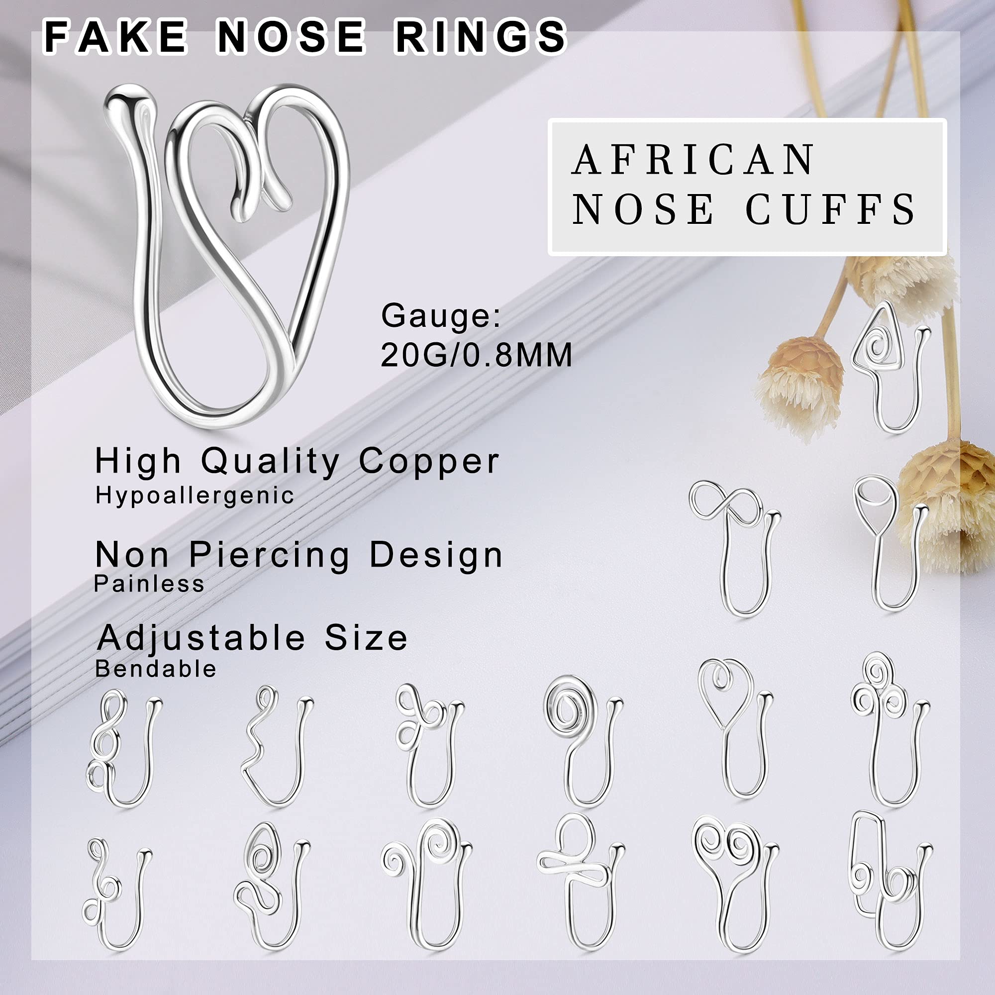 VALDEAS 16 Pcs African Nose Cuff Non Pierced Faux Nose Rings for Women Clip on Nose Cuffs Silver