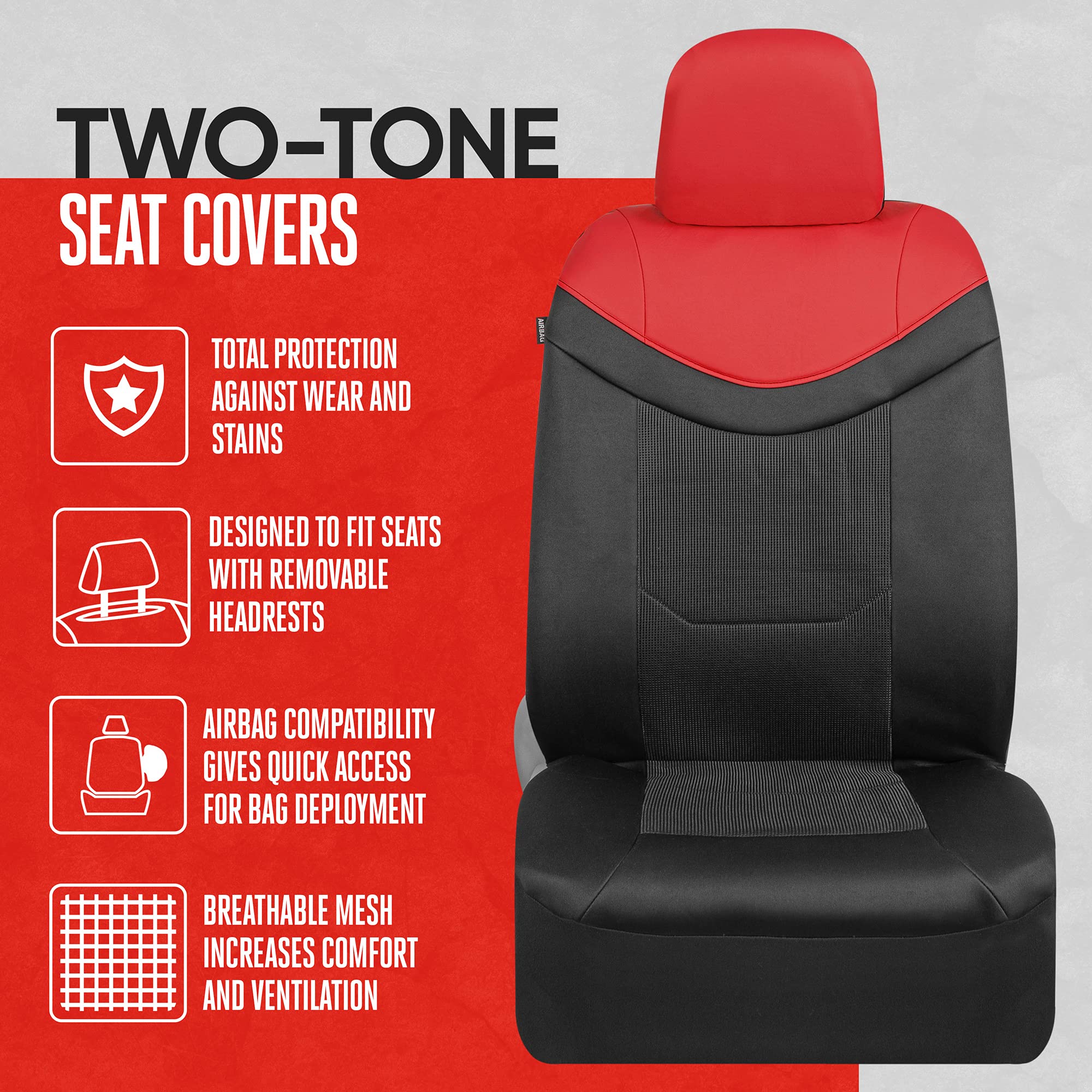 Motor Trend Premium LuxeSport Red Car Seat Covers for Front Seats, 2 Pack – Automotive Seat Protectors with Comfortable Mesh Back & Faux Leather Headrest, Interior Covers for Car Truck Van SUV