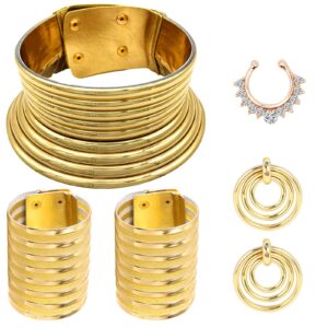 beupy 6 pieces gold african national tribal costume accessories set long neck collar necklaces metal bracelet gothic chunky nose hoop chain swirl earrings african jewelry set for women