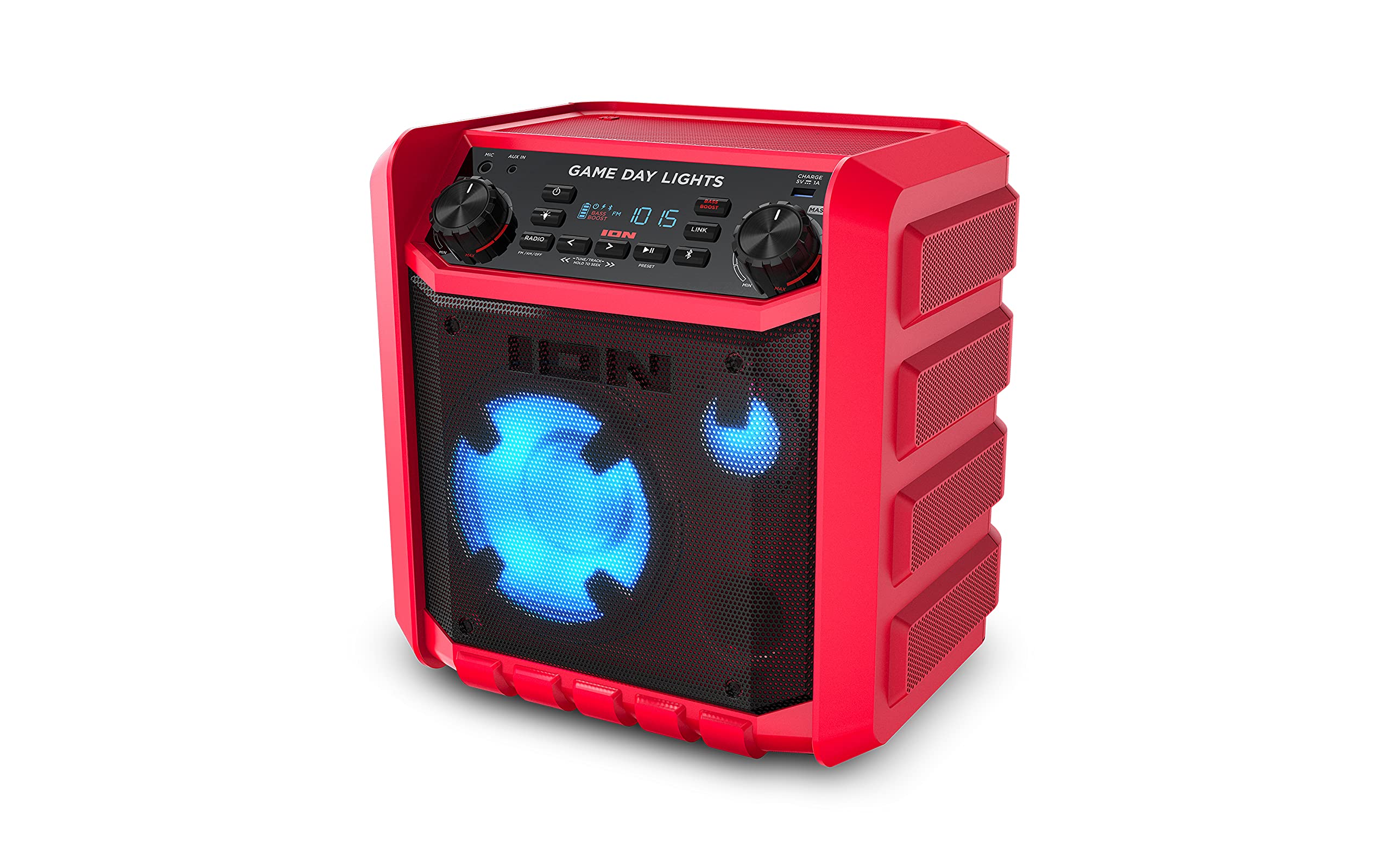 ION Game Day Lights Portable Bluetooth Party Speaker with Karaoke Microphone Lights and Radio for Birthday, Pool Party, BBQ – Powerful, 50W (Red)