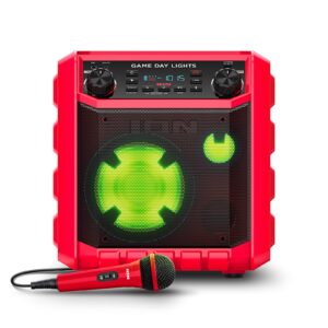 ION Game Day Lights Portable Bluetooth Party Speaker with Karaoke Microphone Lights and Radio for Birthday, Pool Party, BBQ – Powerful, 50W (Red)