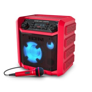 ion game day lights portable bluetooth party speaker with karaoke microphone lights and radio for birthday, pool party, bbq – powerful, 50w (red)