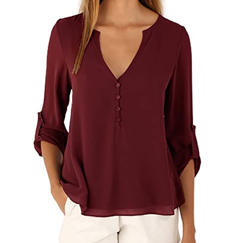 Mayntop Womens Tops Shirt Long Sleeve Chiffon Solid Color Plain Roll-Up Sleeves Plus Size V-Neck Button Loose Blouse(A Wine,M)