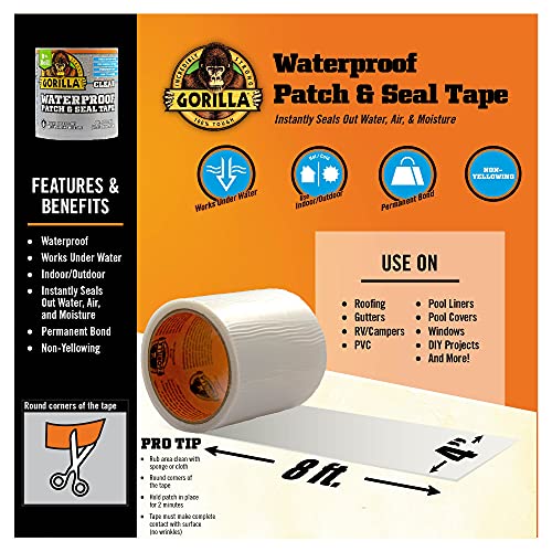 Gorilla Waterproof Patch & Seal Tape, 4" x 8', Clear, (Pack of 2)