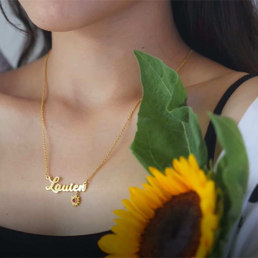 Personalized Name Sunflower Necklace with Simulated Birthstones Gold Name Custom Necklace for Women Sunflower Jewelry Sunflower Birthday Gift for Girlfriend Mother (Gold-2)