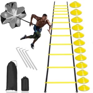 football training equipment | speed agility training set, including 1 agility ladder, 4 steel piles,12 disc cones ,1 resistance umbrella .| for athletes/sports including football & basketball(yellow)