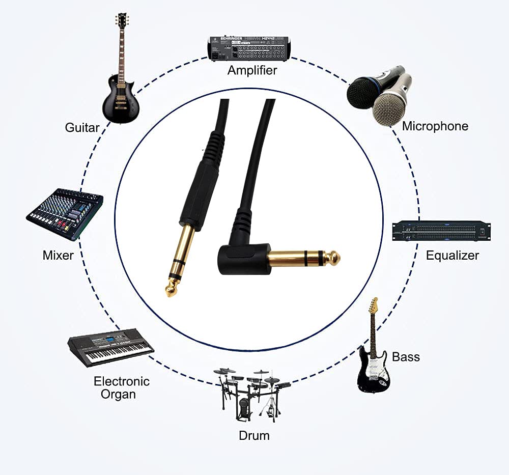 Qaoquda 1/4 Inch Guitar Instrument Cable, 6FT 90 Degree Angle 6.35mm TRS Jack Male to 1/4 Inch TRS Male Stereo Speaker Audio Cable for Electric Guitar, bass Guitar, Electric and More (6ft/1.8M)