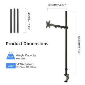 Extra Tall Monitor Mount, Tall Monitor Mount, Tall Monitor Arm, Adjustable Monitor Arm, VESA Stand for 1 Screen, up to 47 inch Pole, Single Monitor Mount, Extra Long Single Monitor Stand