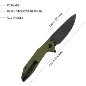 KUBEY Nova KU117E EDC Pocket Knife, Outdoor Hunting Camping Folding Knife with 3.62 Inch D2 Blade and Solid G10 Handles, Secure Reversible Clip for Men and Women