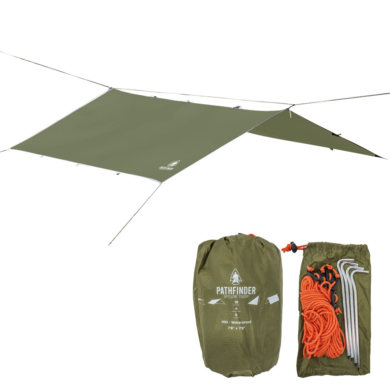 Self Reliance Outfitters Pathfinder Waterproof Nylon Tarp, OD Green, 7'8" x 7'8", Lightweight, Water-repellent, for Hiking, Tactical, Camping Use