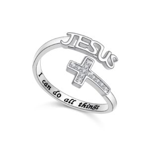 FLYOW Cross Ring 925 Sterling Silver Engraved I Can Do All Things Jesus Cross Adjustable Ring Religious Jewelry for Women Christian, Size 7