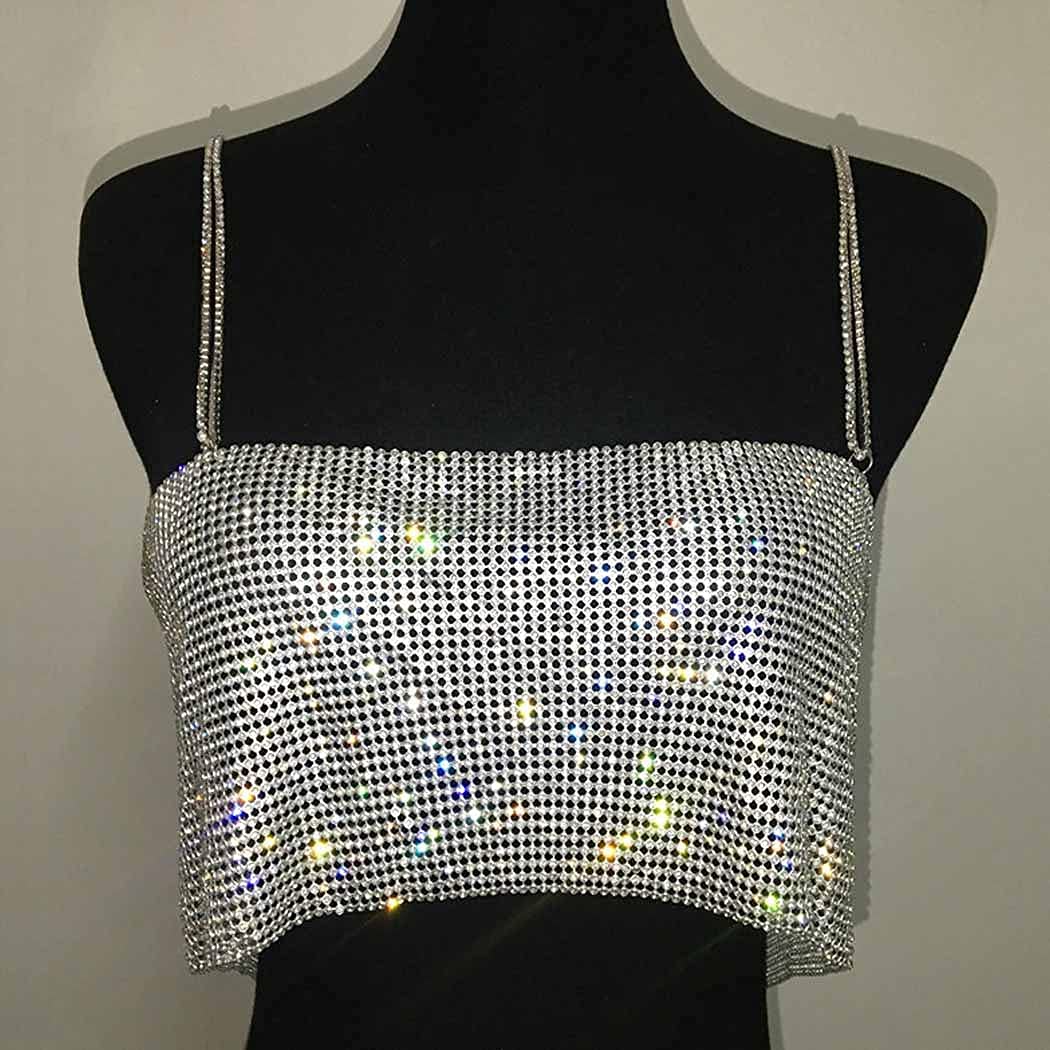 Evild Rhinestone Crop Top Silver Sparkly Party Body Chain Glitter Crystal Bra Jewelry Adjustable Backless Chest Jewelry Club Rave Body Jewelry for Women