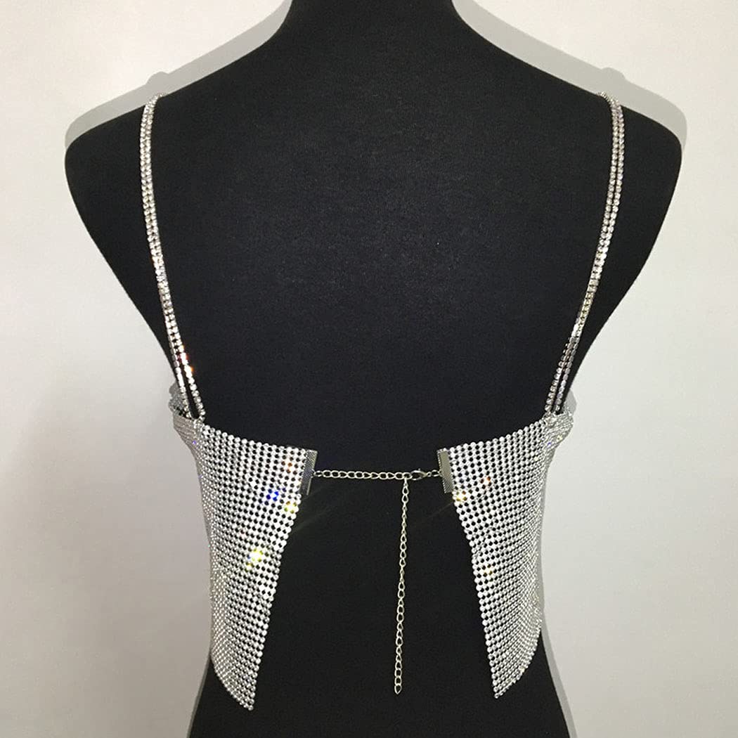 Evild Rhinestone Crop Top Silver Sparkly Party Body Chain Glitter Crystal Bra Jewelry Adjustable Backless Chest Jewelry Club Rave Body Jewelry for Women