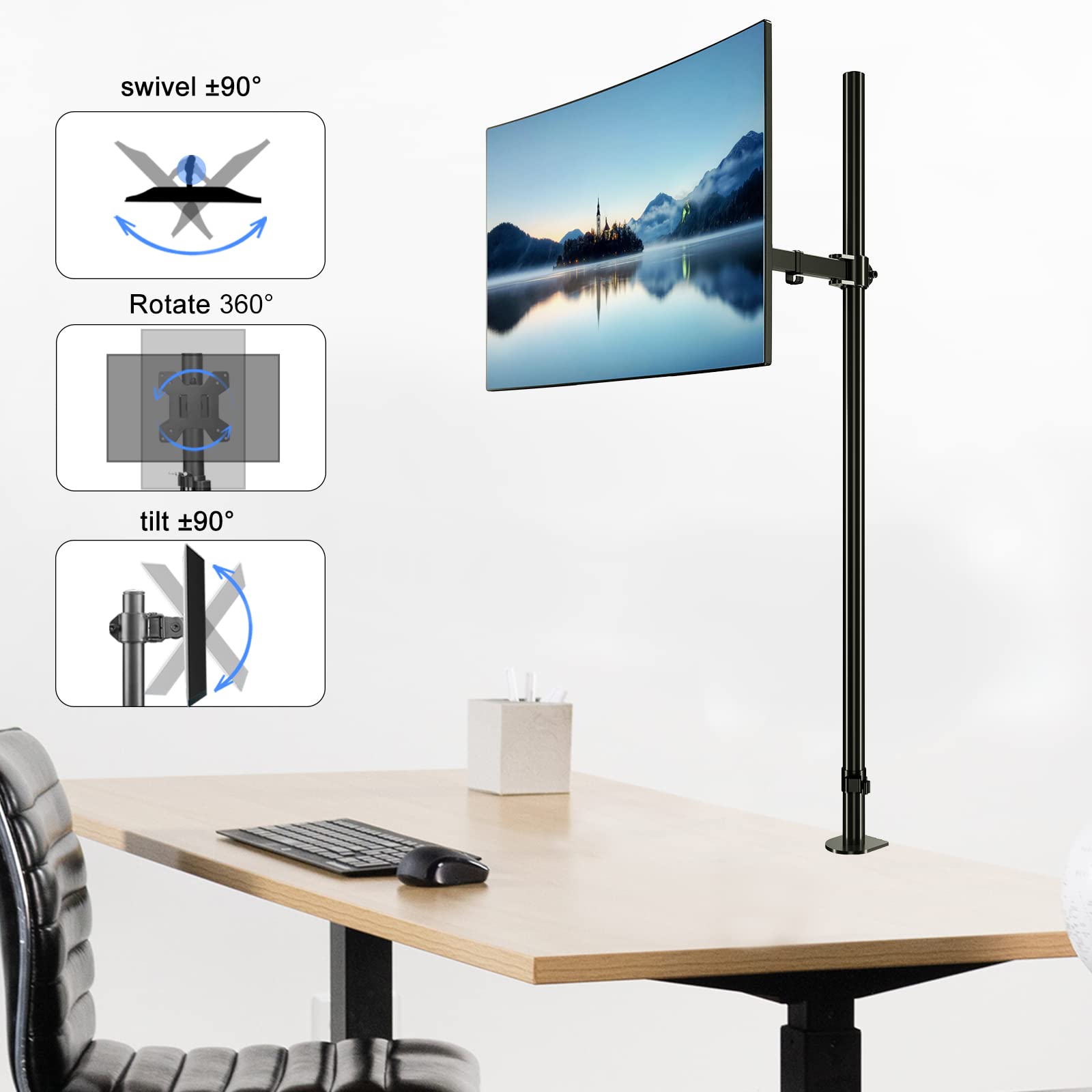 Extra Tall Monitor Mount, Tall Monitor Mount, Tall Monitor Arm, Adjustable Monitor Arm, VESA Stand for 1 Screen, up to 47 inch Pole, Single Monitor Mount, Extra Long Single Monitor Stand