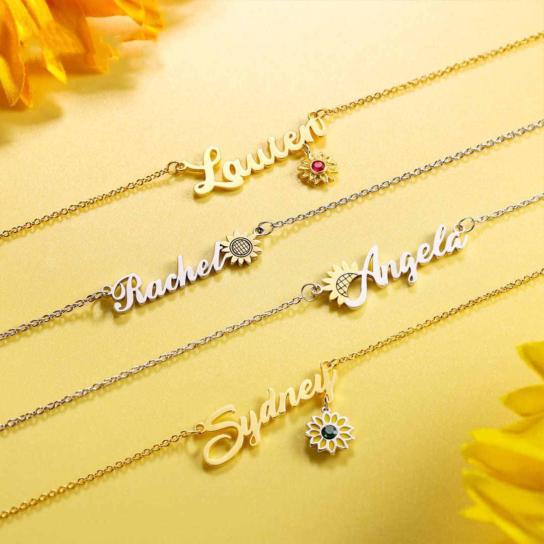 Personalized Name Sunflower Necklace with Simulated Birthstones Gold Name Custom Necklace for Women Sunflower Jewelry Sunflower Birthday Gift for Girlfriend Mother (Gold-2)