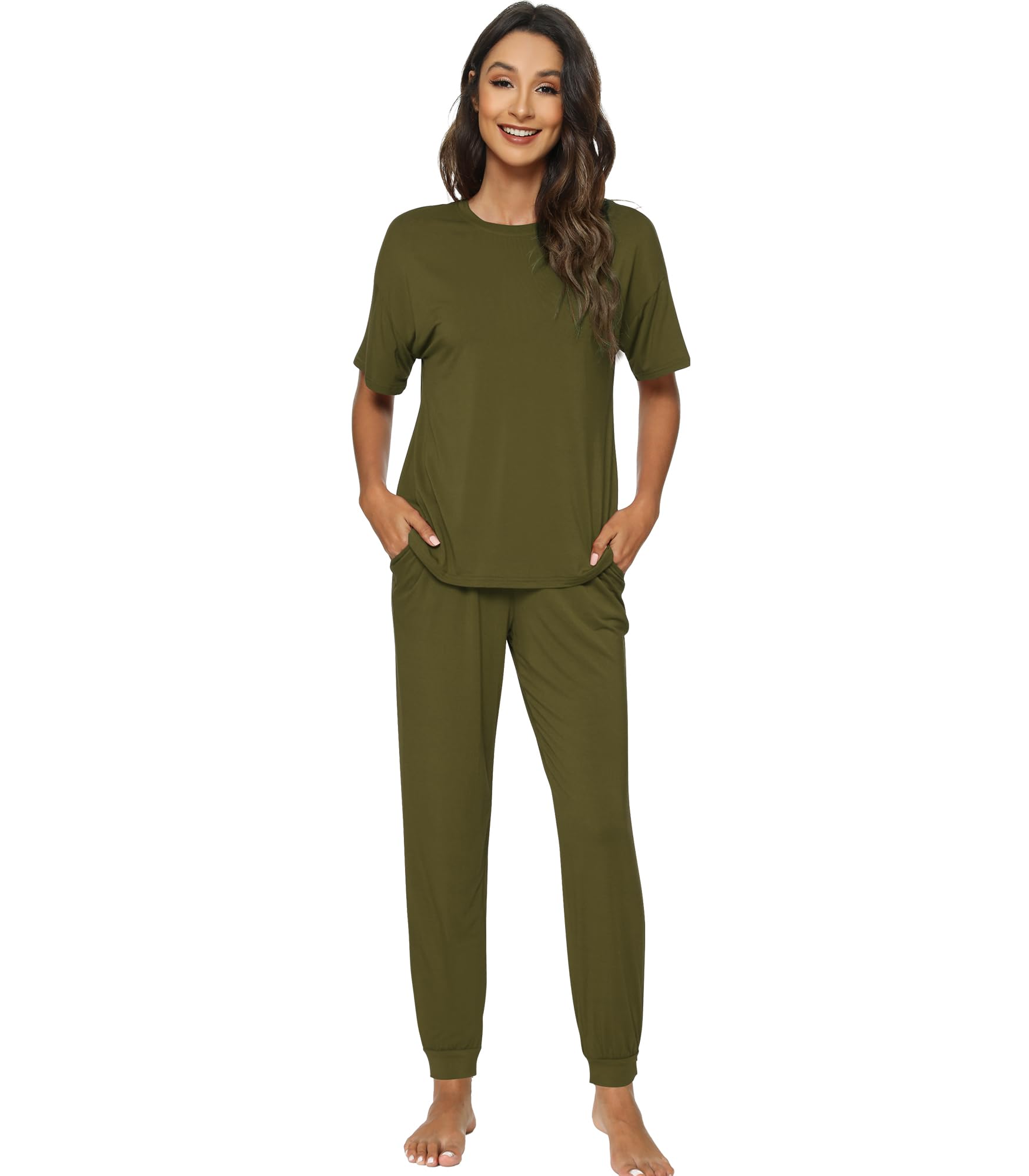 WiWi Viscose from Bamboo Pajamas Set for Women Short Sleeve Loungewear 2 Piece Outfit Long Pants Jogger Sets S-XXL, Dark Army Green, Medium