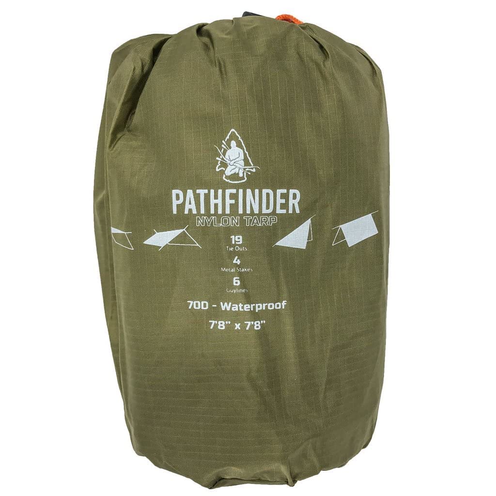 Self Reliance Outfitters Pathfinder Waterproof Nylon Tarp, OD Green, 7'8" x 7'8", Lightweight, Water-repellent, for Hiking, Tactical, Camping Use