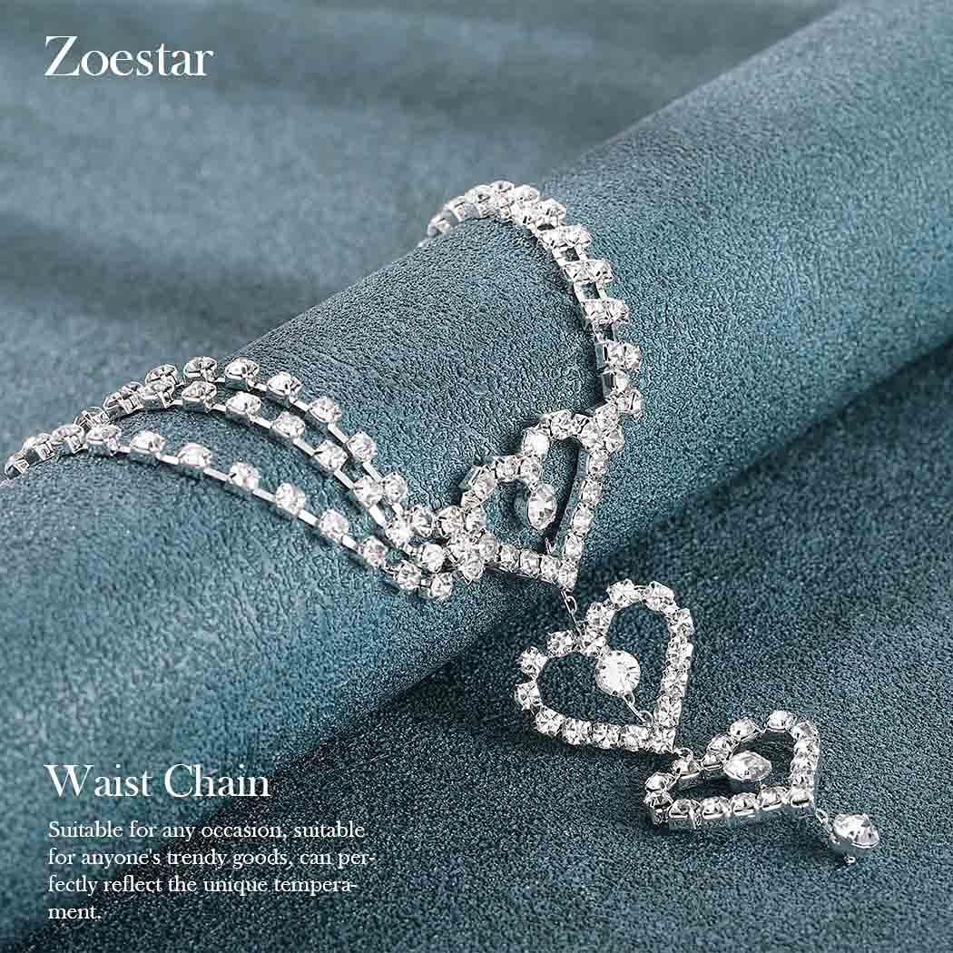 Zoestar Rhinestone Waist Chains Tassel Crystal Waist Chain Layered Crystal Heart Pendant Belly Body Chain Jewelry for Women