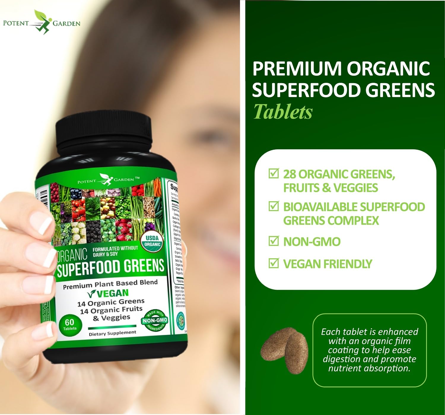 Potent Garden Organic Superfood Greens, Fruit and Veggies Supplement Rich in Vitamins & Antioxidants with Alfalfa, Beet Root & Tart Cherry to Boost Energy, Immunity & Gut Health, Greens Tablets 60 Ct