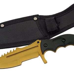 Szco Supplies 8.5” Gold/Black Full Tang Fixed Blade Saw Back Tracker Survivor Knife with Sheath, (211548-GD)