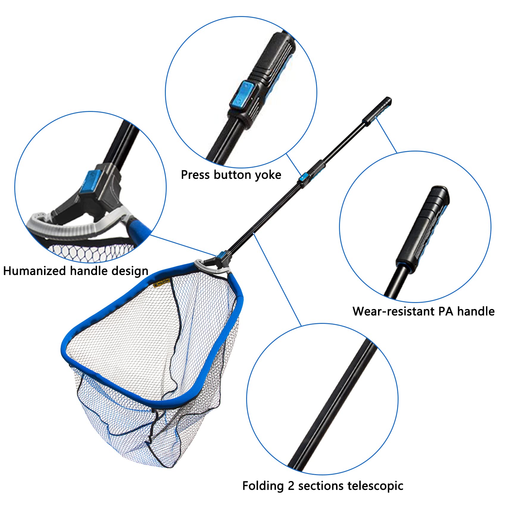 Black Paw Easy Fold Square Sliding Net Rubber Coated 3-D Net Bag, Super Strong, Collapsible Telescopic Pole Handle (Full 83''/210cm Hoop Size 23''/60cm Blue（Collapsible）)