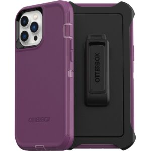 otterbox iphone 13 pro max & iphone 12 pro max defender series case - happy purple, rugged & durable, with port protection, includes holster clip kickstand