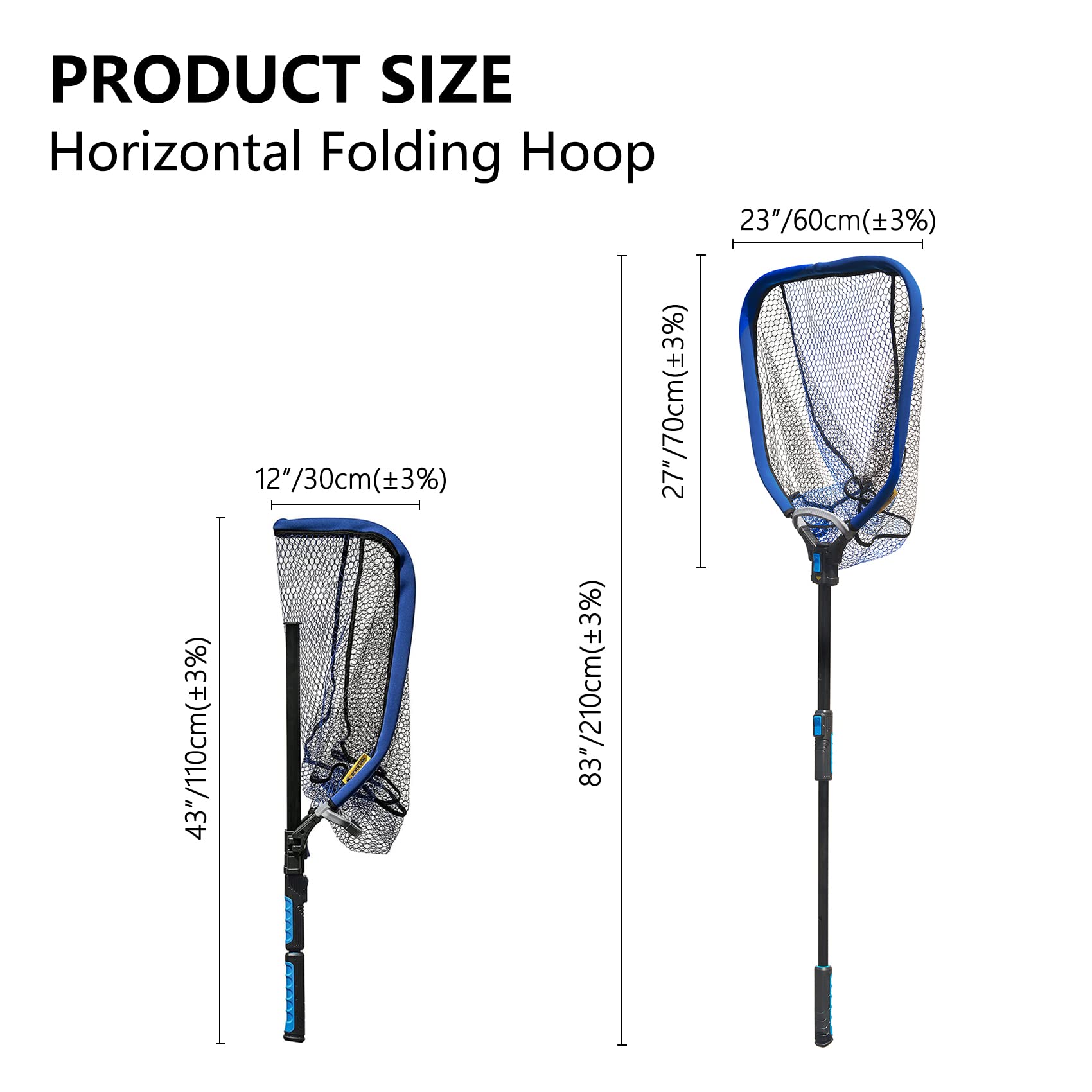 Black Paw Easy Fold Square Sliding Net Rubber Coated 3-D Net Bag, Super Strong, Collapsible Telescopic Pole Handle (Full 83''/210cm Hoop Size 23''/60cm Blue（Collapsible）)