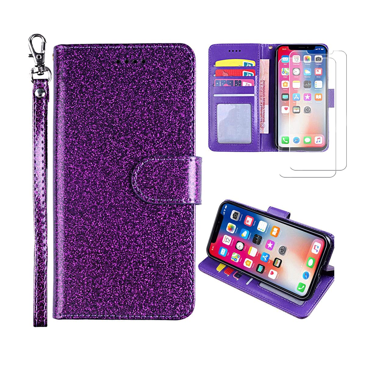 FZZSZS Case for Tecno Spark 7 Pro (6.6") + 2 Pack Screen Protector Film Tempered Glass, Magnetic PU Wallet Flip Protective Cover with Card Slots Shell Case, Purple Leather Case