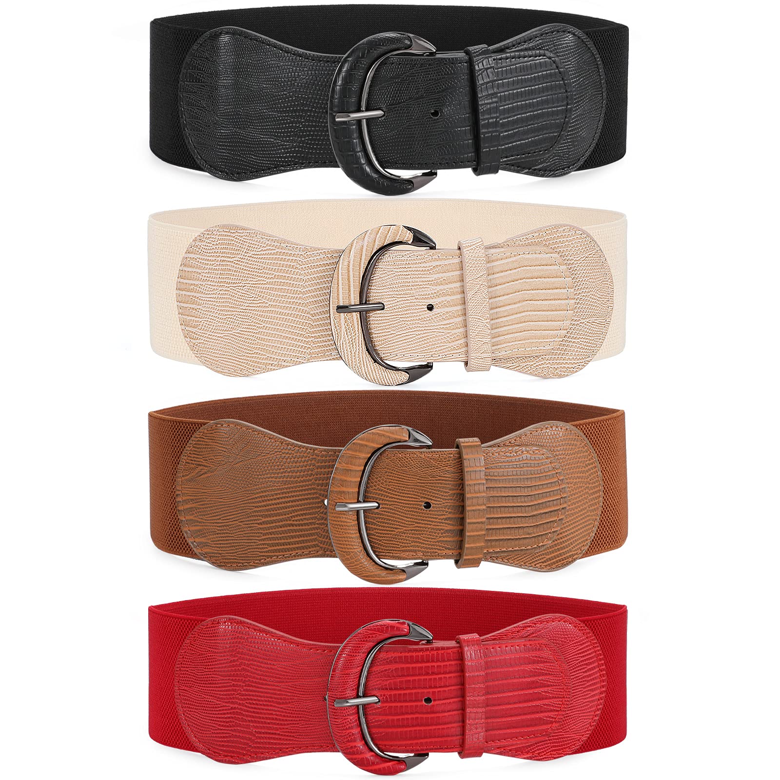 WHIPPY 4 Pack Women Wide Elastic Waist Belt Vintage Stretchy Belt Waistband for Ladies Dresses, Black/Brown/Red/Beige, L