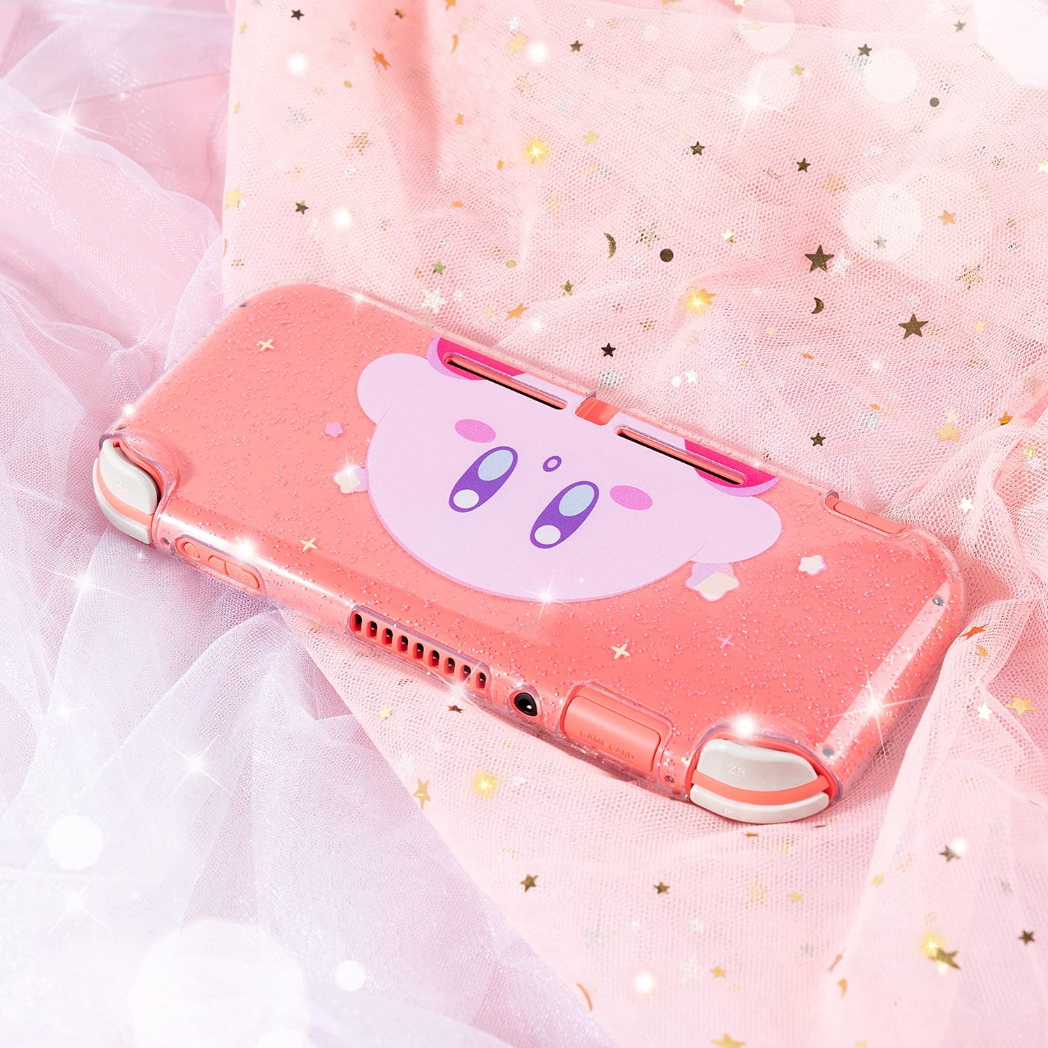 BelugaDesign Pink Puff Ball Switch Case | Glitter Anime Video Game Smash Star Allies Land Japanese Pastel Cover | Soft Snap-On Shell Compatible with Nintendo Switch Lite (Switch Lite, Clear Pink)