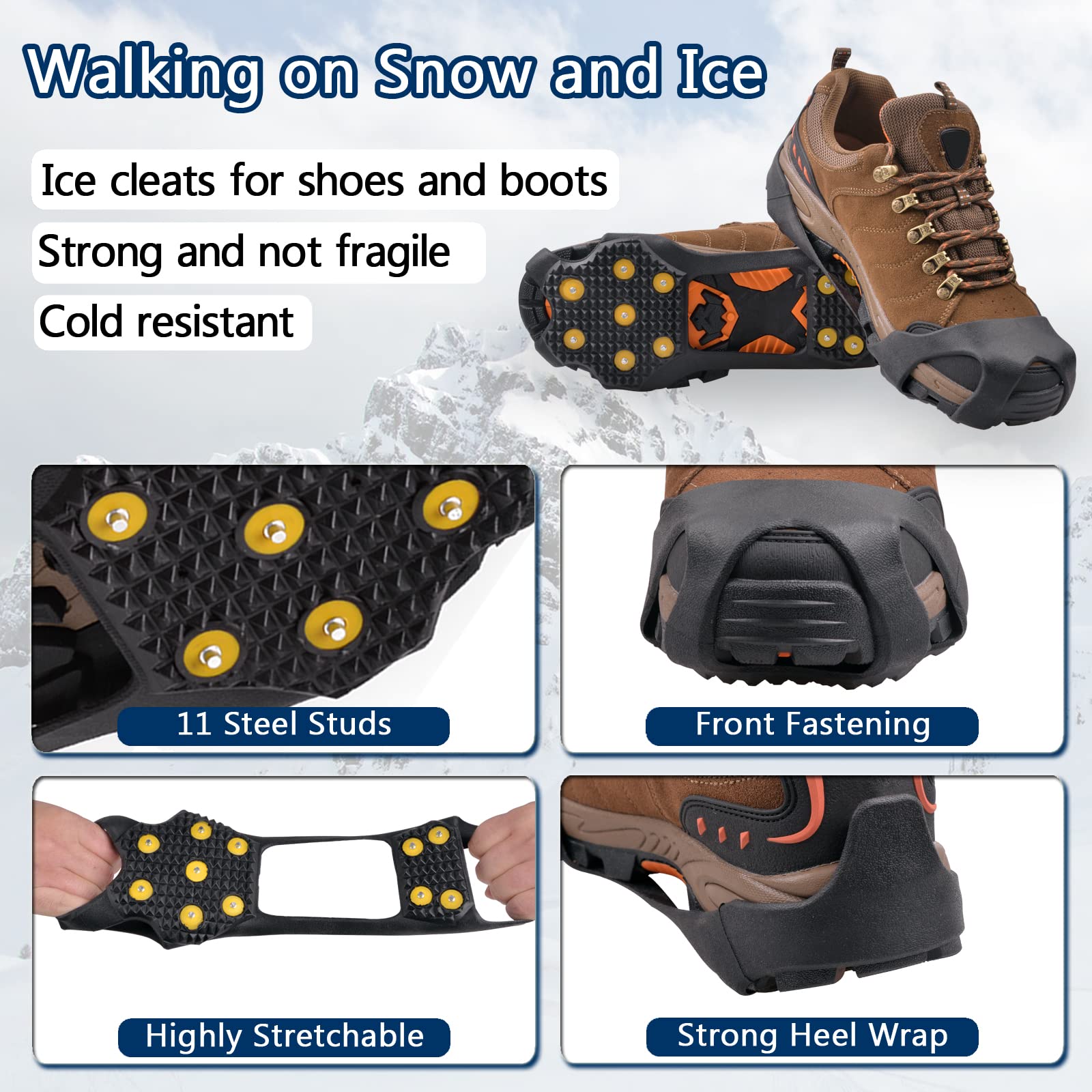 Ice Cleats Snow Traction Cleats Anti Slip Crampons for Walking on Snow and Ice 11 Steel Studs Snow Shoes Ice Grippers Rubber Stretch Footwear for Women Men Walking Hiking Fishing