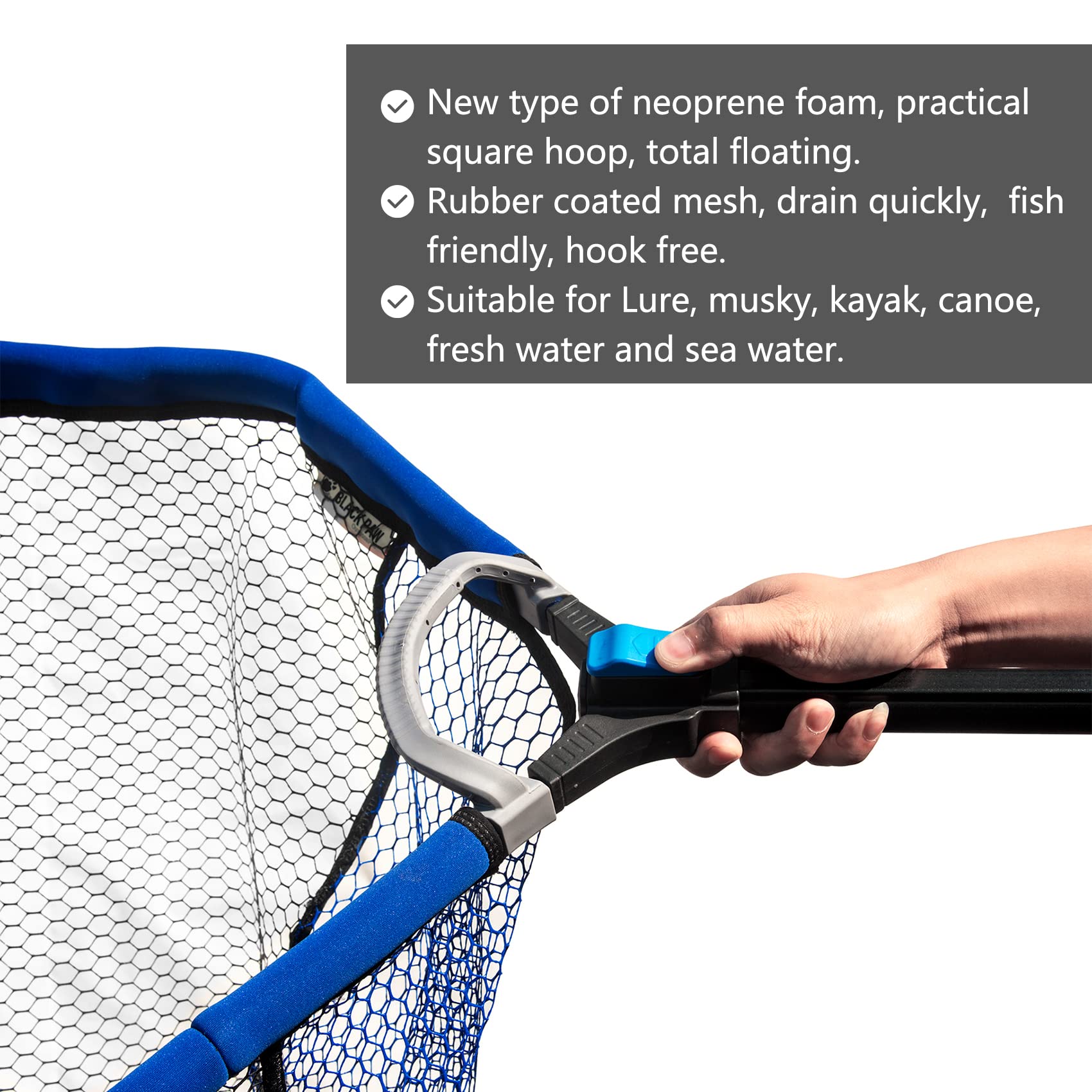 Black Paw Easy Fold Square Sliding Net Rubber Coated 3-D Net Bag, Super Strong, Collapsible Telescopic Pole Handle (Full 83''/210cm Hoop Size 23''/60cm Blue（Collapsible）)