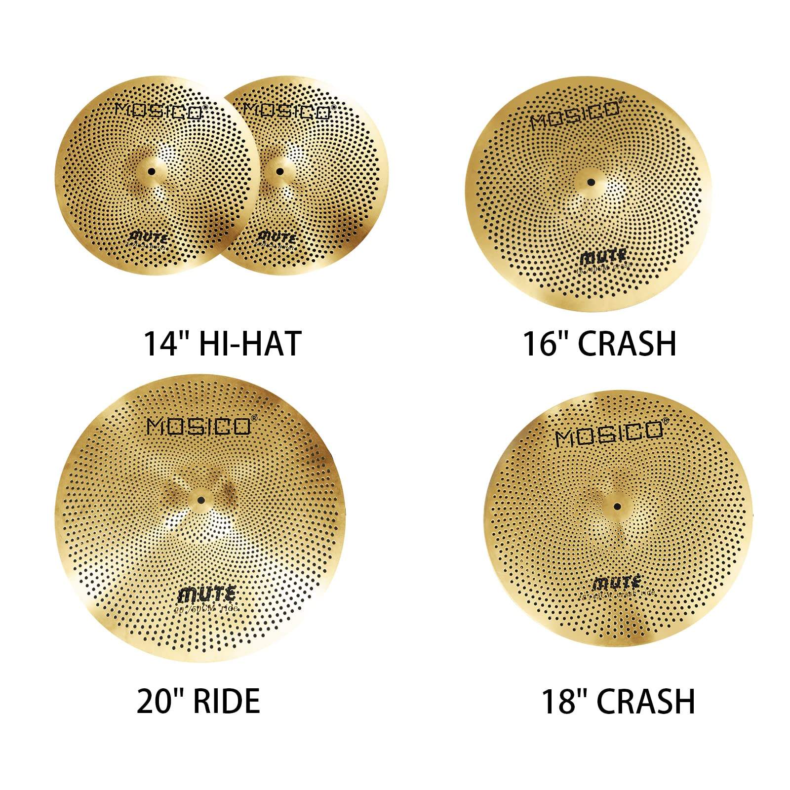 Low Volume Cymbal Pack Golden Mute Cymbal 14"Hi-hat+16"Crash+18'Crash+20"Ride Quiet Drum Cymbal Pack for Practice