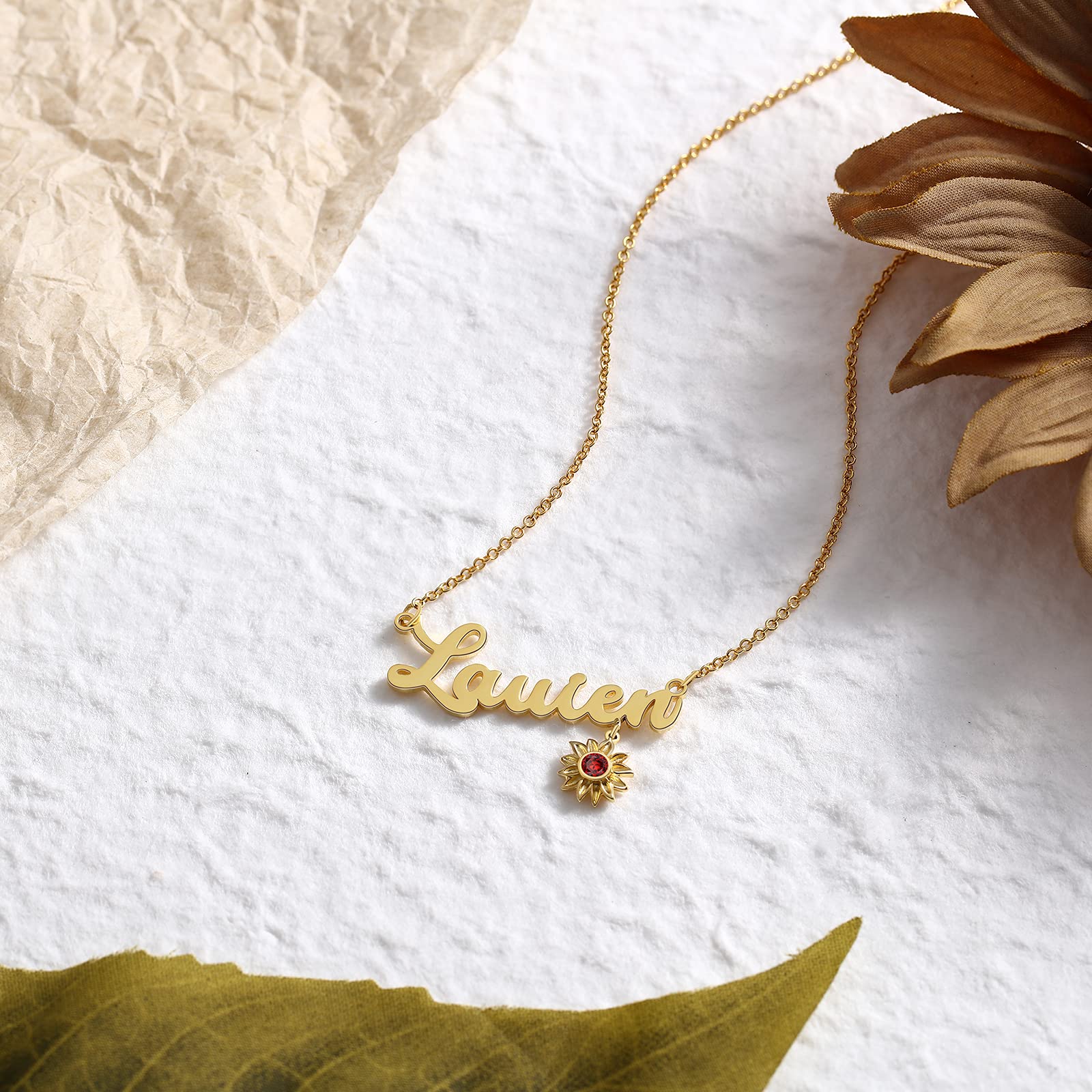 Personalized Name Sunflower Necklace with Simulated Birthstones Gold Name Custom Necklace for Women Sunflower Jewelry Sunflower Birthday Gift for Girlfriend Mother (Gold-2)