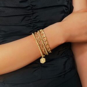 Gold Initial S Bracelets Stackable Bead Bracelet Set Layered 14k Gold Plated Stretch Letter Initial Bracelets Gold Chain Bangles Paperclip Link Charms Bracelet