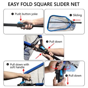 Black Paw Easy Fold Square Sliding Net Rubber Coated 3-D Net Bag, Super Strong, Collapsible Telescopic Pole Handle (Full 83''/210cm Hoop Size 23''/60cm Blue（Collapsible）)