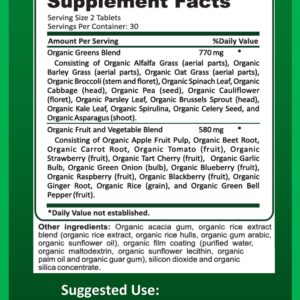 Potent Garden Organic Superfood Greens, Fruit and Veggies Supplement Rich in Vitamins & Antioxidants with Alfalfa, Beet Root & Tart Cherry to Boost Energy, Immunity & Gut Health, Greens Tablets 60 Ct