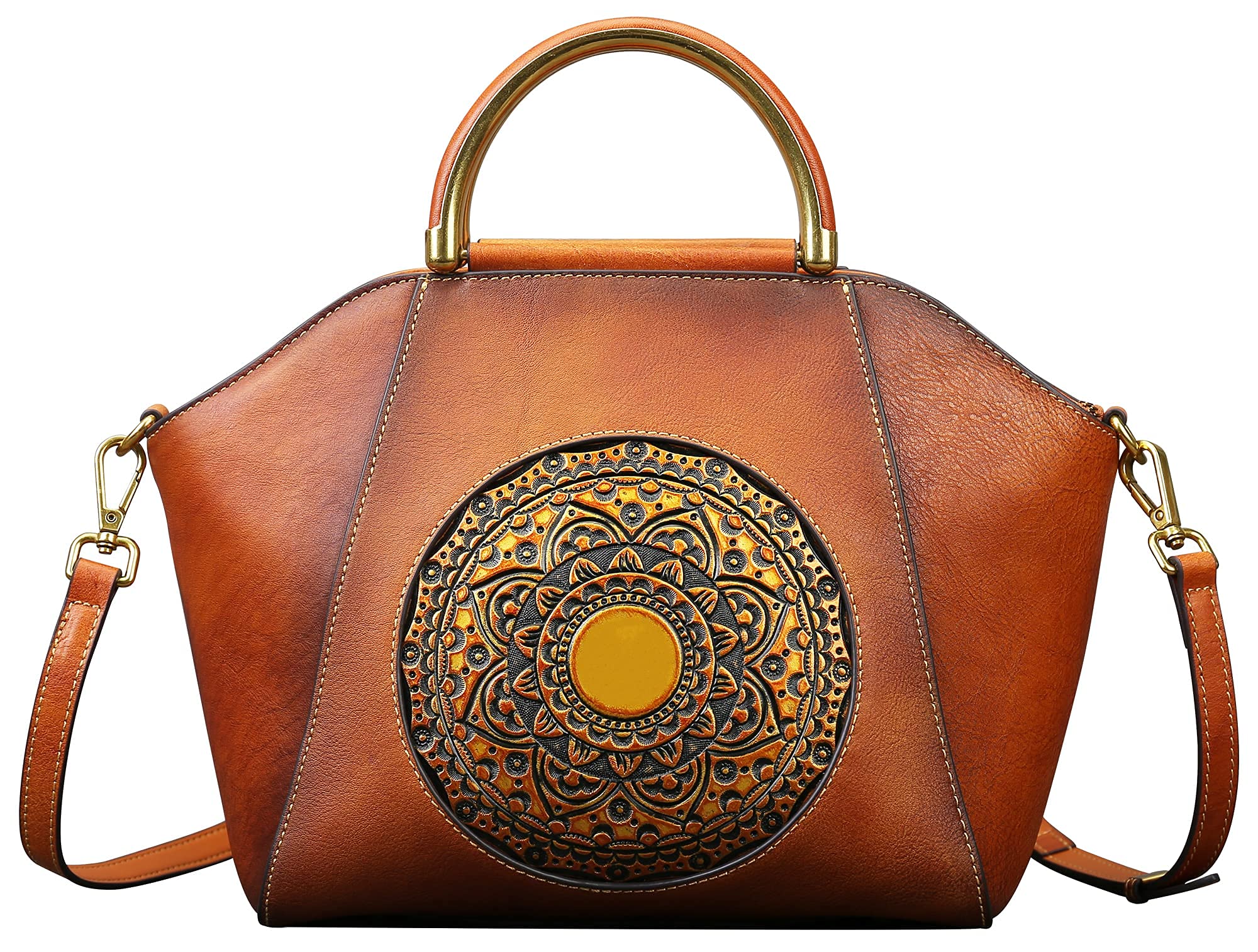 Zhuoliang Italian Retro Leather Handbags Vintage Embossing Totem Satchel + Handmade Mandala Totem Purse