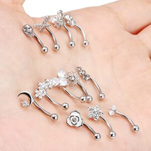 Vsnnsns 16G Rook Daith Piercing Jewelry Stainless Steel 8mm Curved Barbell Eyebrow Rings Helix Tragus Belly Lip Rings CZ Piercing Jewelry Cartilage Daith Rook Earrings for Women Men 12pcs Silve