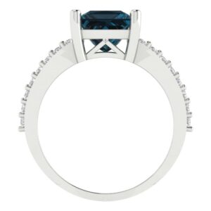 Clara Pucci 2.39ct Princess cut Custom Engraving Solitaire split shank London Blue Topaz Statement Art Deco Ring 14k White Gold SZ 9.5