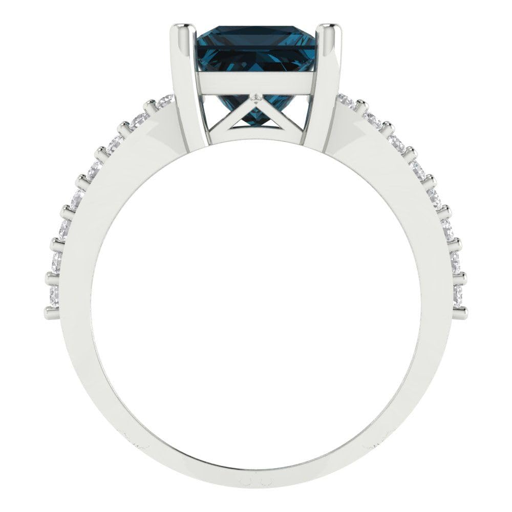 Clara Pucci 2.39ct Princess cut Custom Engraving Solitaire split shank London Blue Topaz Statement Art Deco Ring 14k White Gold SZ 9.5